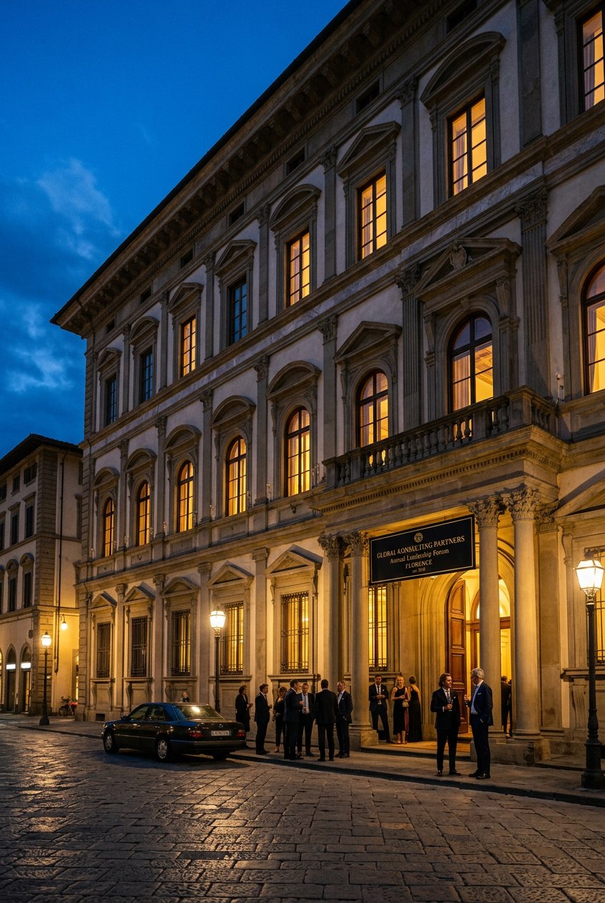 Elegant Italian palazzo at dusk - your company's home in Italy